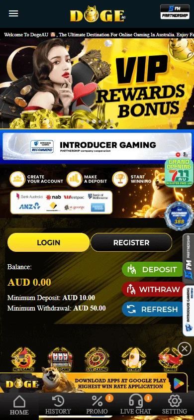 Dogeau Casino mobile home interface with bottom navigation