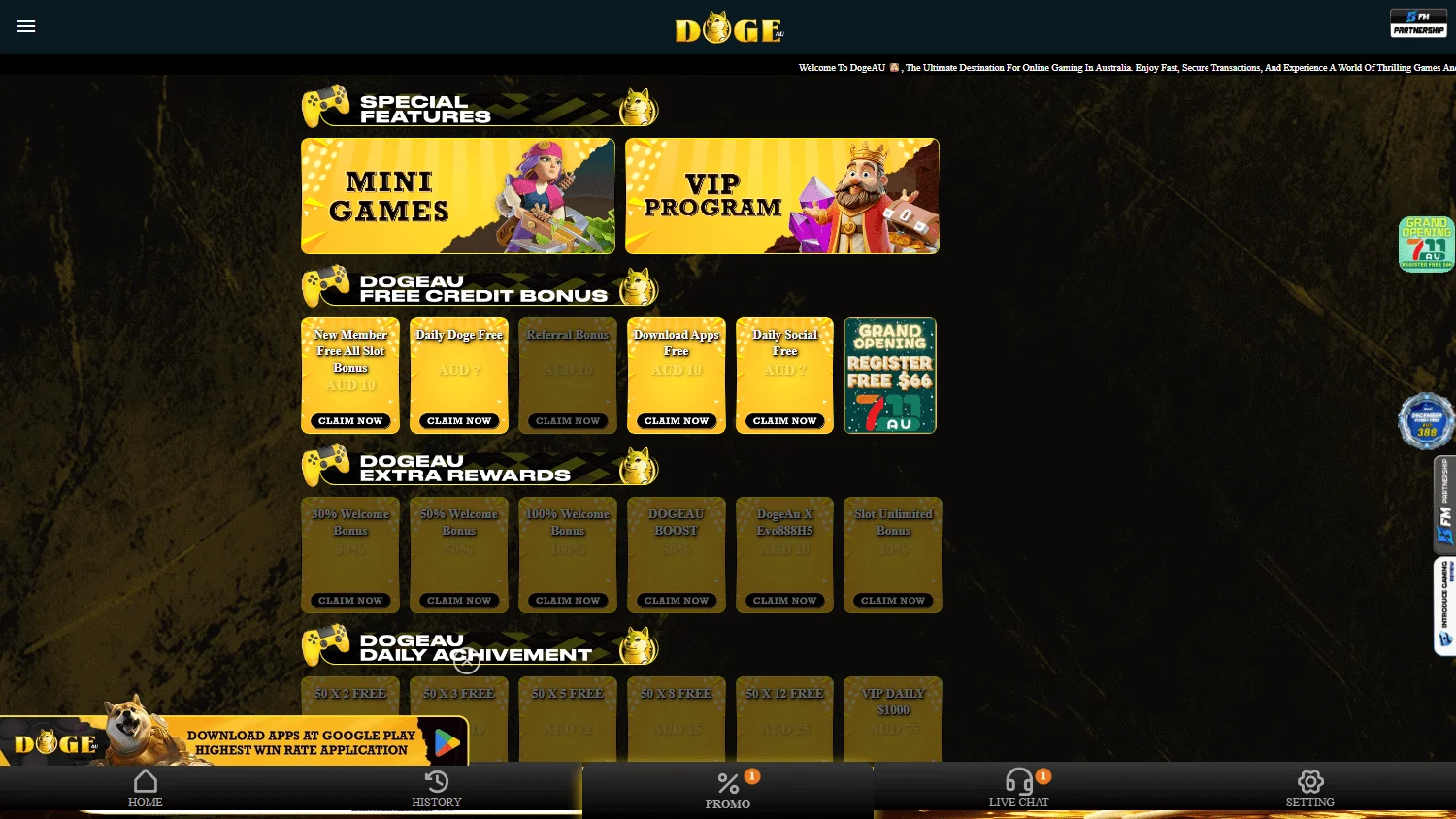 Dogeau Casino desktop promotions area with new-player offers