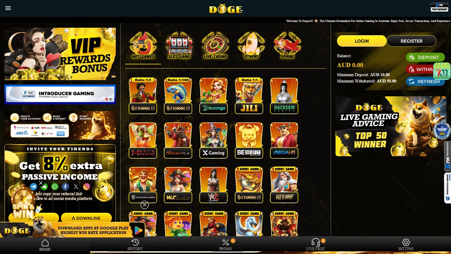 Dogeau Casino desktop home interface with casino access for Australian players