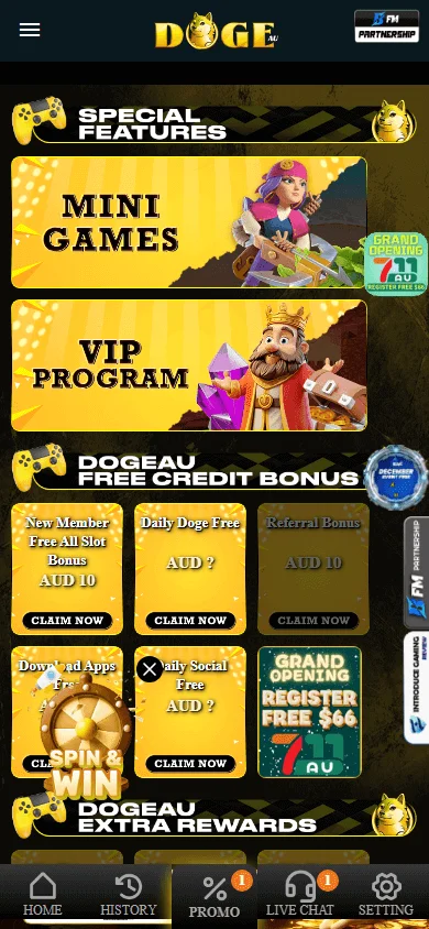 Dogeau Casino mobile promotions area with available player offers